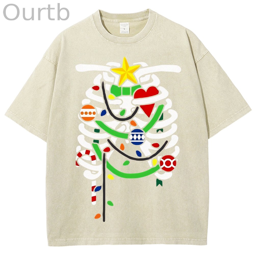 Unisex Christmas Skull Printed Washed Tee