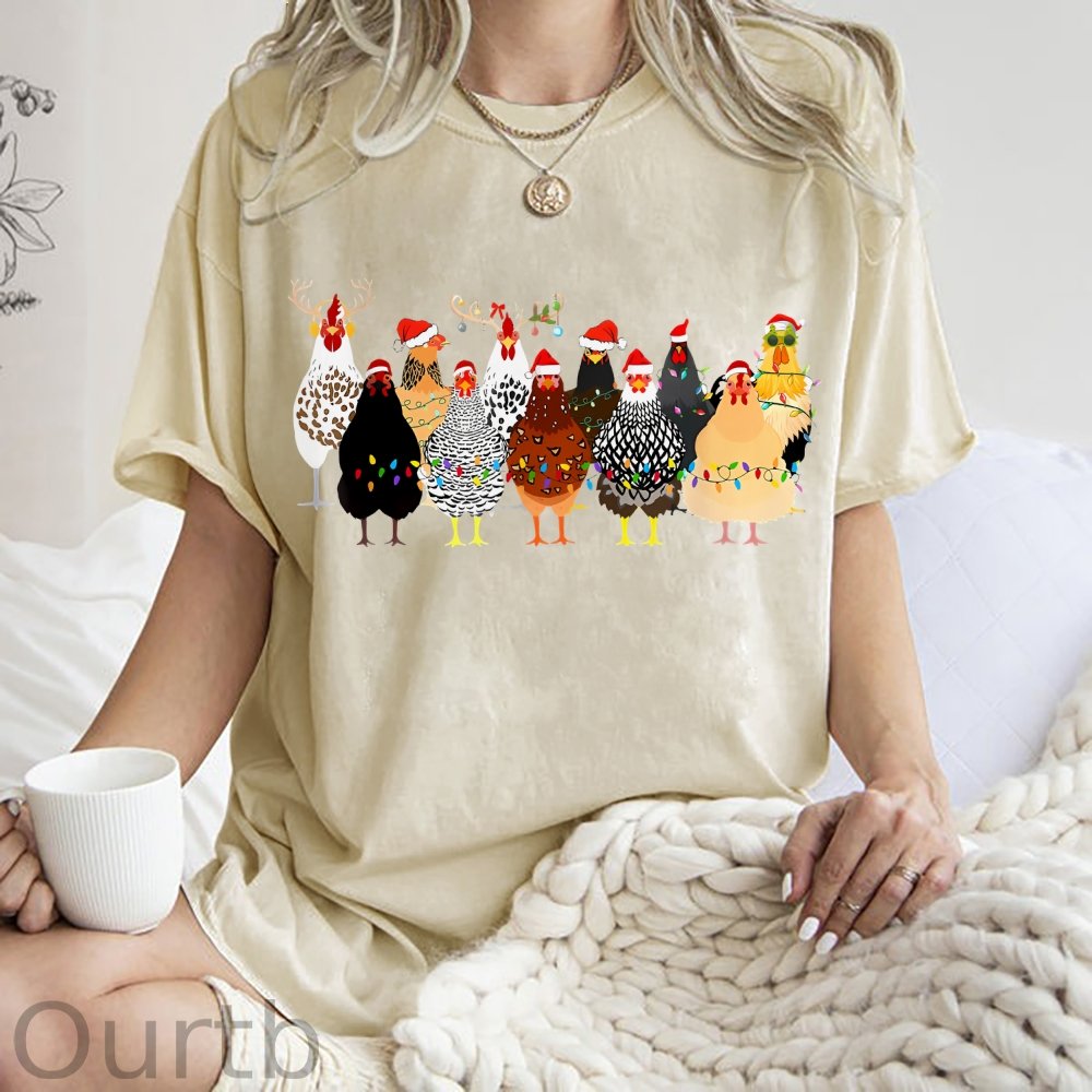 Unisex Christmas Chicken Printed Washed Tee