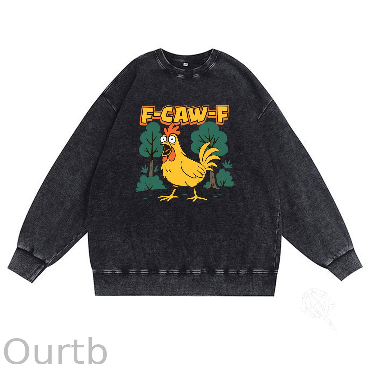 F-Caw-F Crazy Shocked Chicken Pattern  Vintage 100% 325g Cotton Washed Long Sleeve Sweatshirt