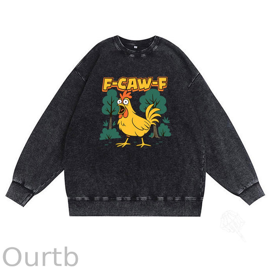 F-Caw-F Crazy Shocked Chicken Pattern  Vintage 100% 325g Cotton Washed Long Sleeve Sweatshirt