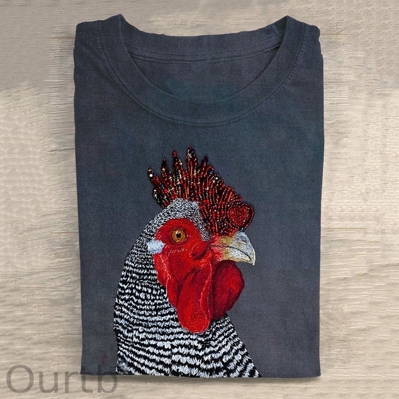 Vintage Funny Chicken Print Round Neck T-Shirt