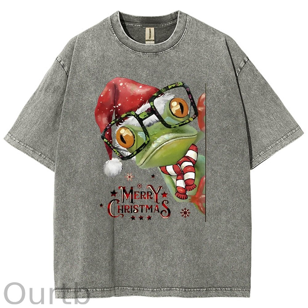 Unisex Christmas Frog Printed Washed Tee