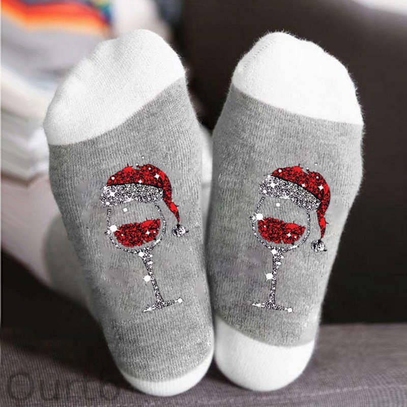 Autumn And Winter Cotton Socks, Men's And Women's Contrasting Colors, Red Wine Glasses, Christmas Socks, Cross-border Casual Long Socks, Sweat Absorbing Sports Socks