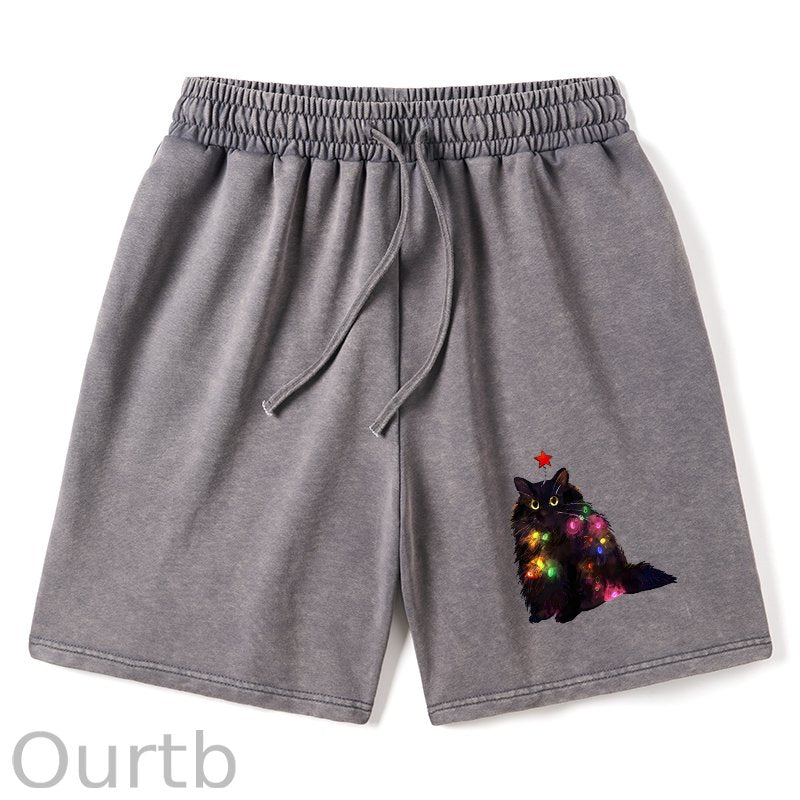 Christmas Lights Cat Washed Shorts