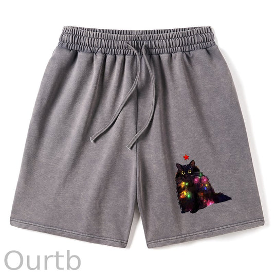 Christmas Lights Cat Washed Shorts