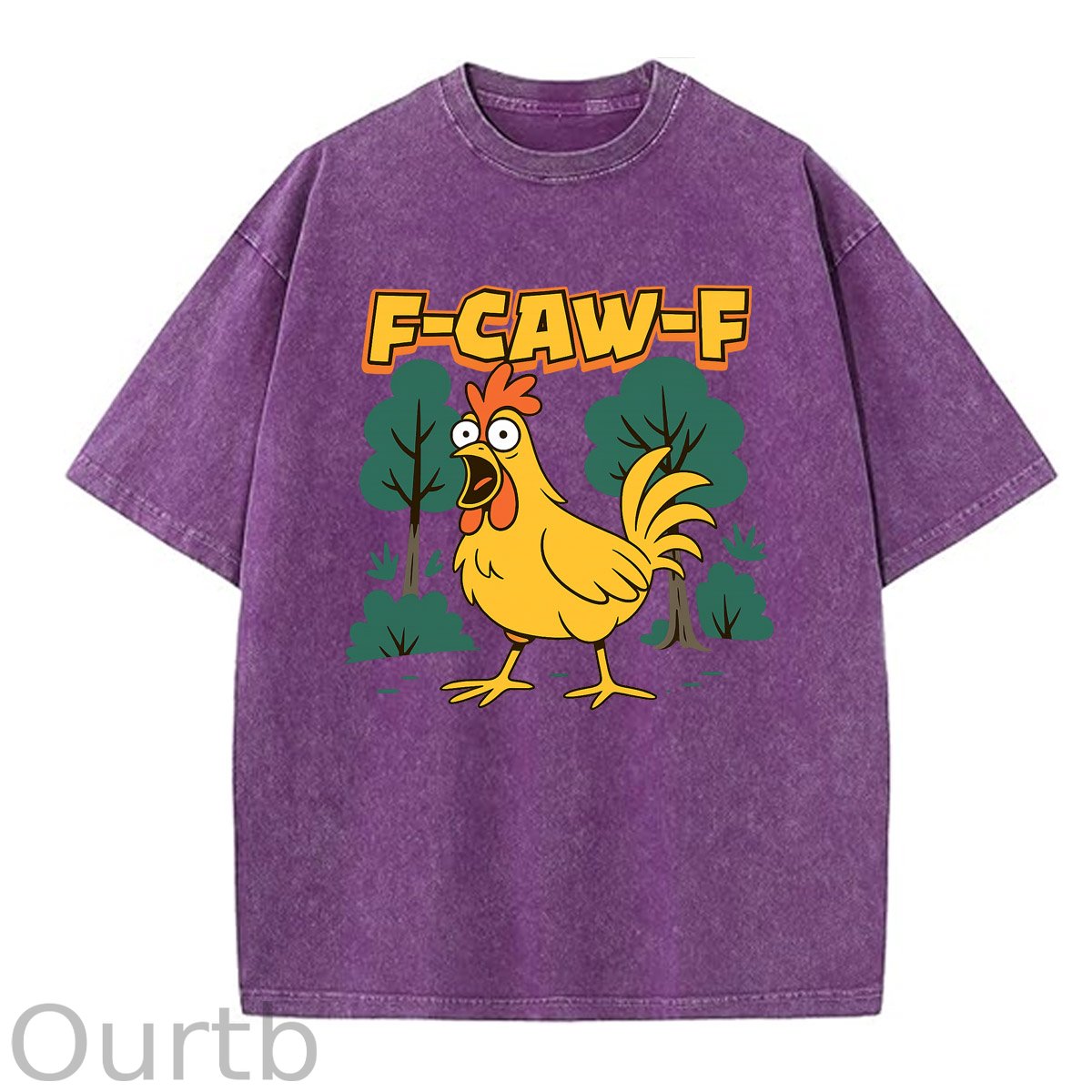 F-Caw-F Crazy Shocked Chicken Pattern  Washed Distressed Crew Neck 100% Cototon T-Shirt