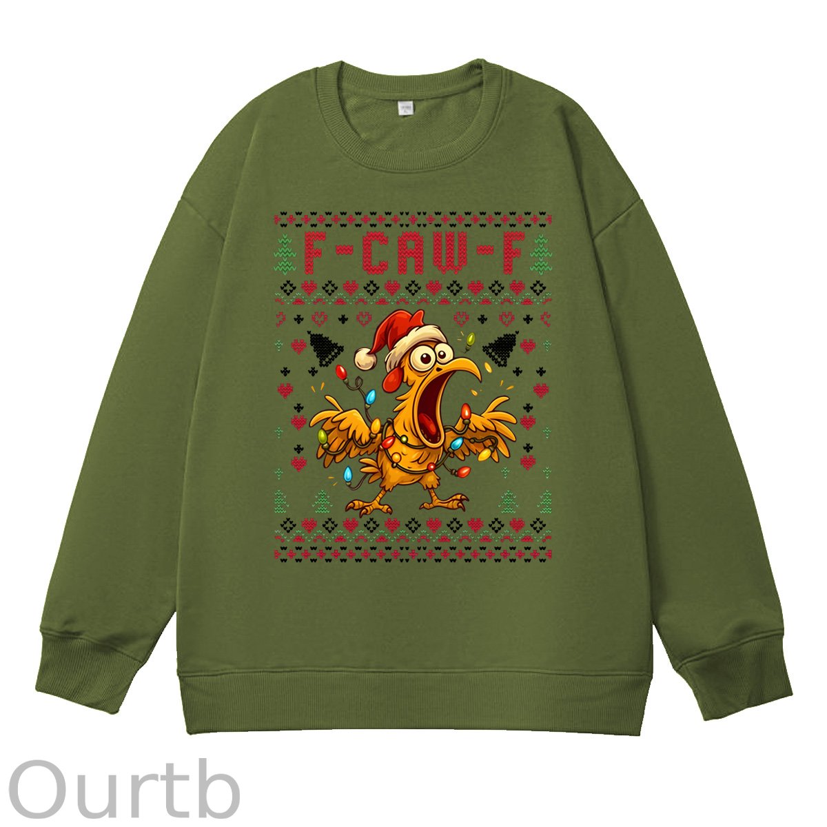 Christmas F-Caw-F Chicken  Pattern 100% 300g CottonCrew Neck Sweatshirt