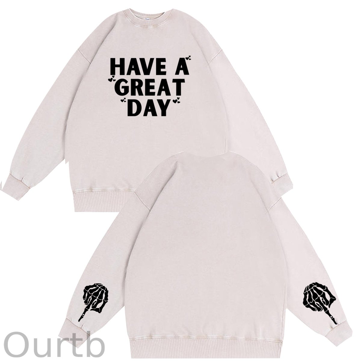 Have A Great Day Skull  Pattern Vintage 100% 325g Cotton Washed Long Sleeve Sweatshirt