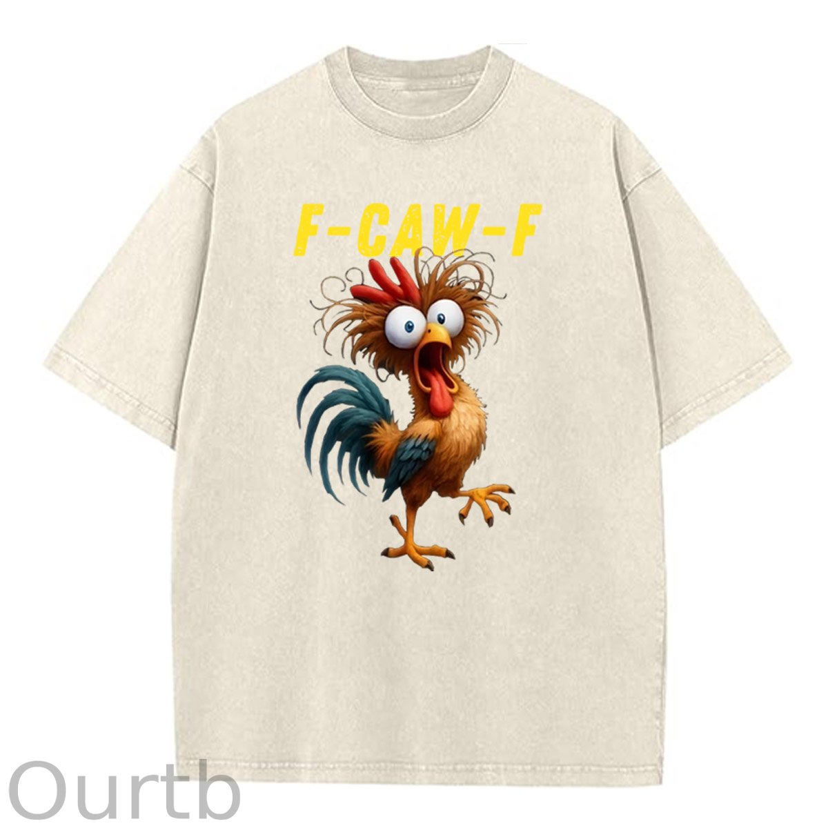 F-Caw-F Crazy Chicken Pattern  Washed Distressed Crew Neck 100% Cototon T-Shirt