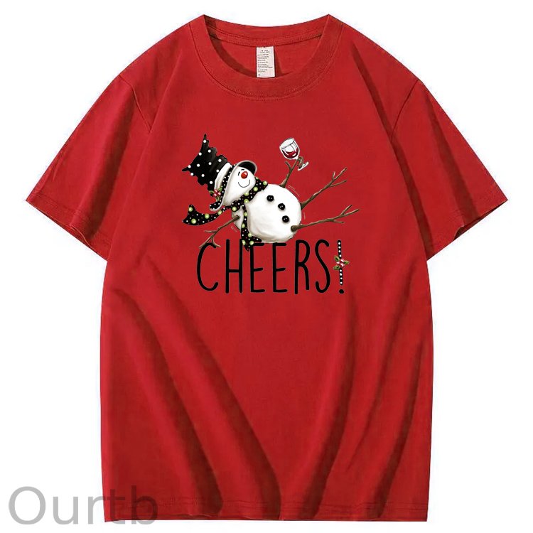 Christmas Cheers Snowman Pattern 100% Cotton Crew Neck T-Shirt