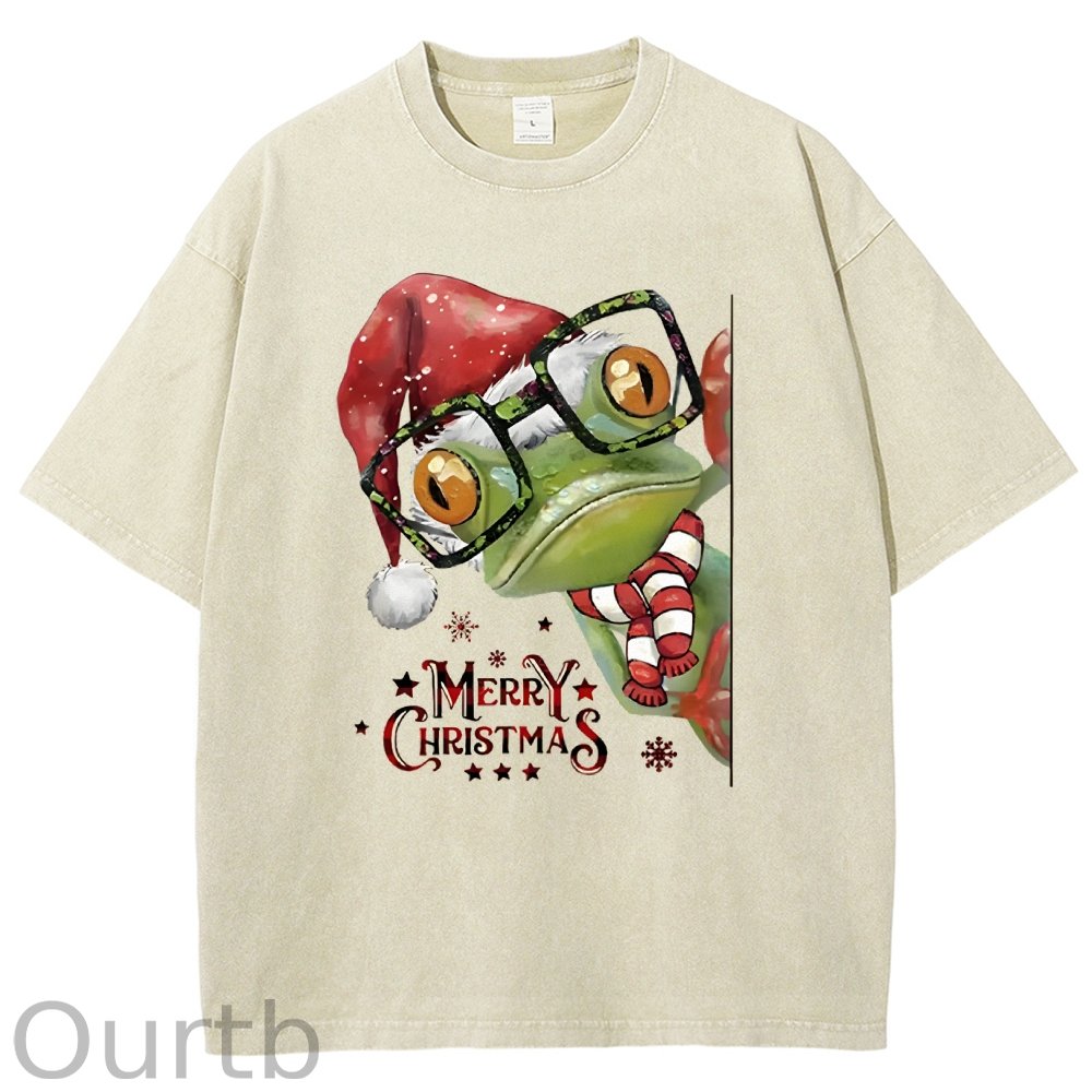 Unisex Christmas Frog Printed Washed Tee