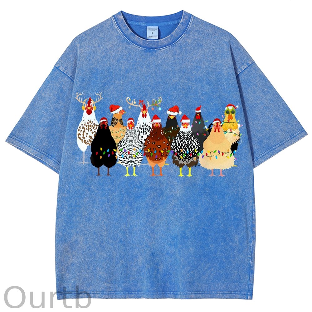 Unisex Christmas Chicken Printed Washed Tee