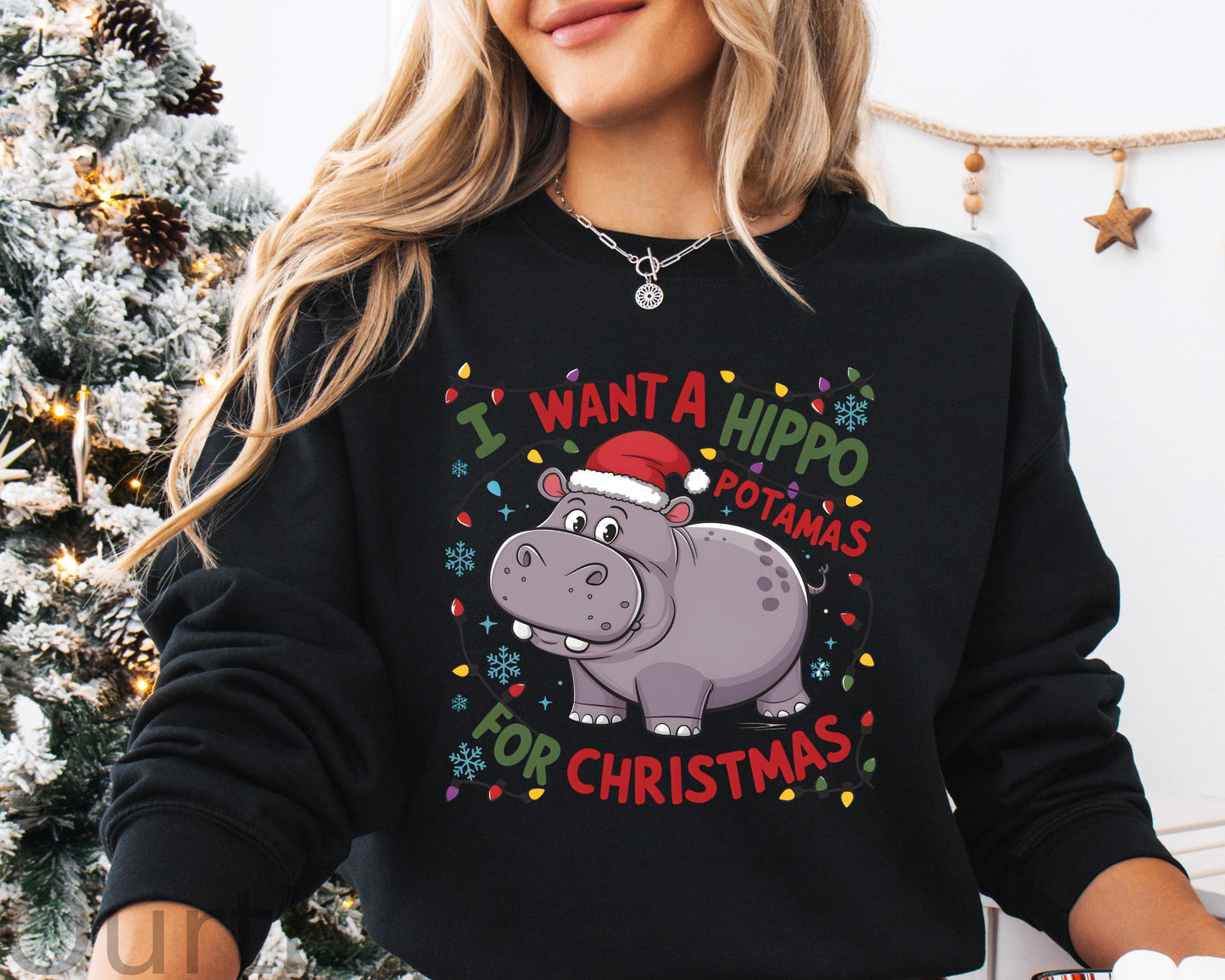 Christmas Hippo   Pattern 100% 300g CottonCrew Neck Sweatshirt