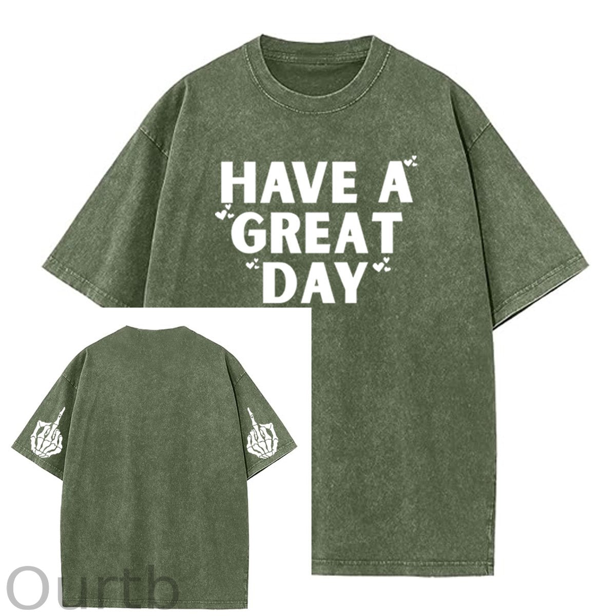 Have A Great Day Pattern  Washed Distressed Crew Neck 100% Cototon T-Shirt