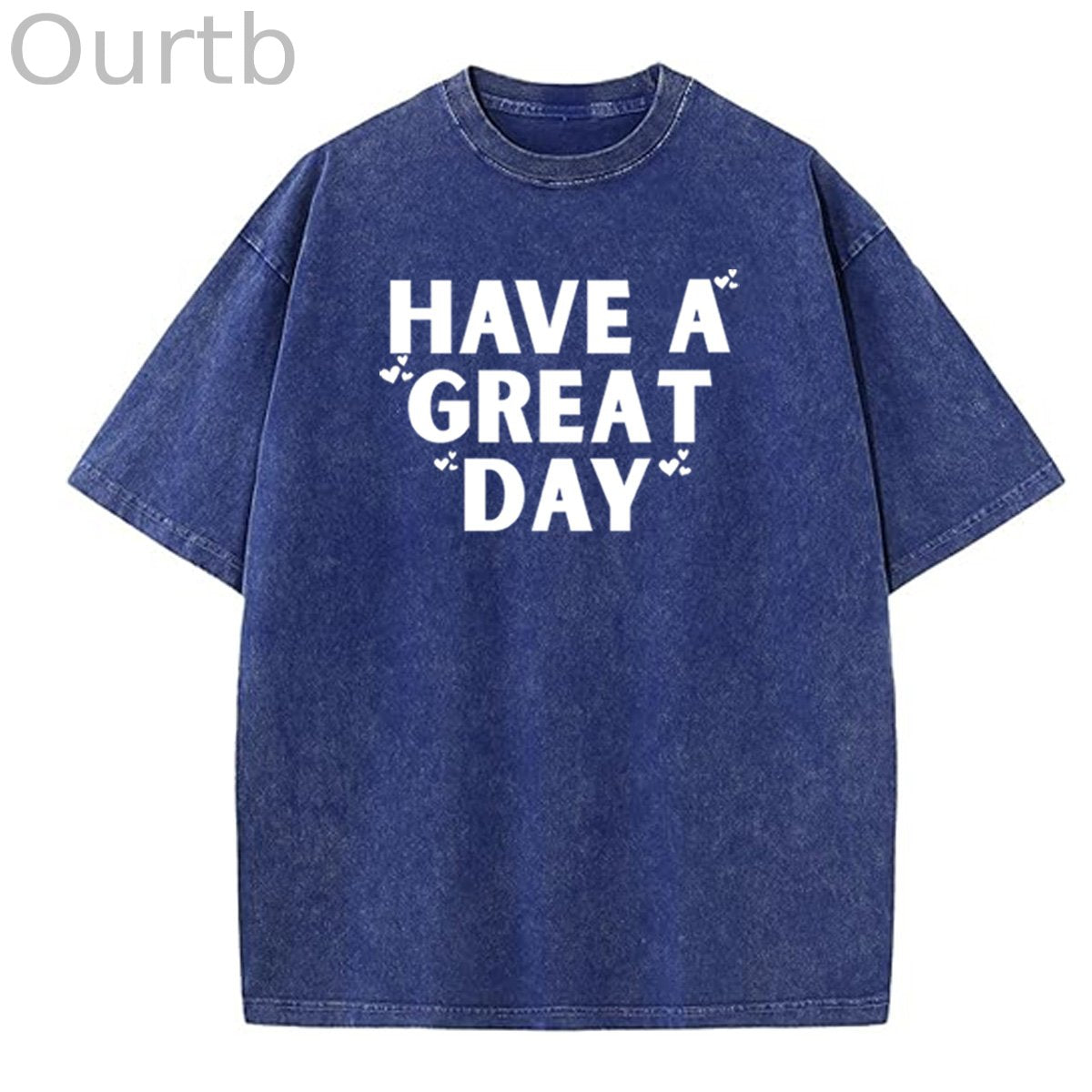 Have A Great Day Pattern  Washed Distressed Crew Neck 100% Cototon T-Shirt