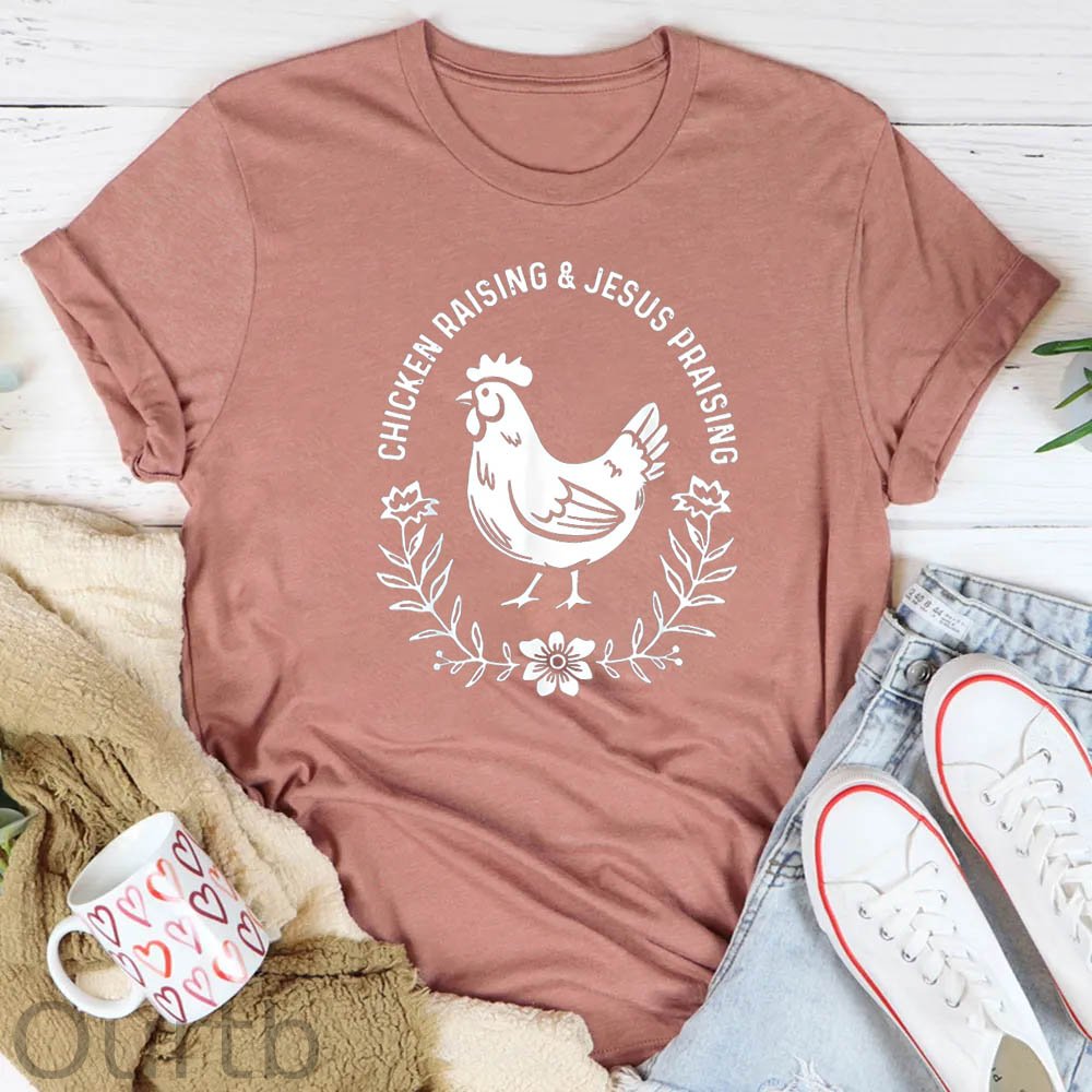Chicken Raising&Jesus Parising Pattern Round-Neck T-Shirt