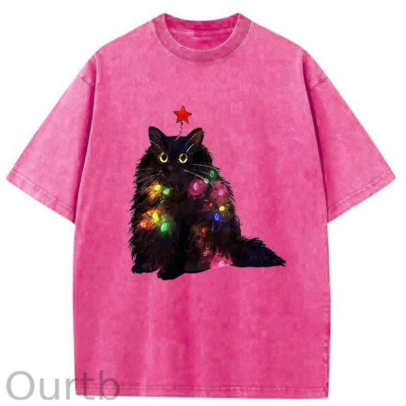 Christmas Lights Cat Washed T-Shirt