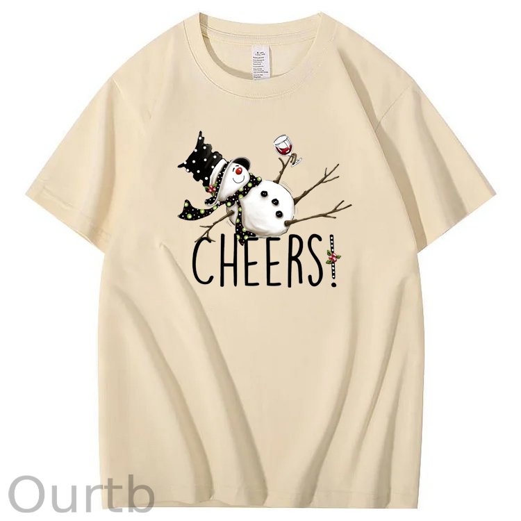 Christmas Cheers Snowman Pattern 100% Cotton Crew Neck T-Shirt