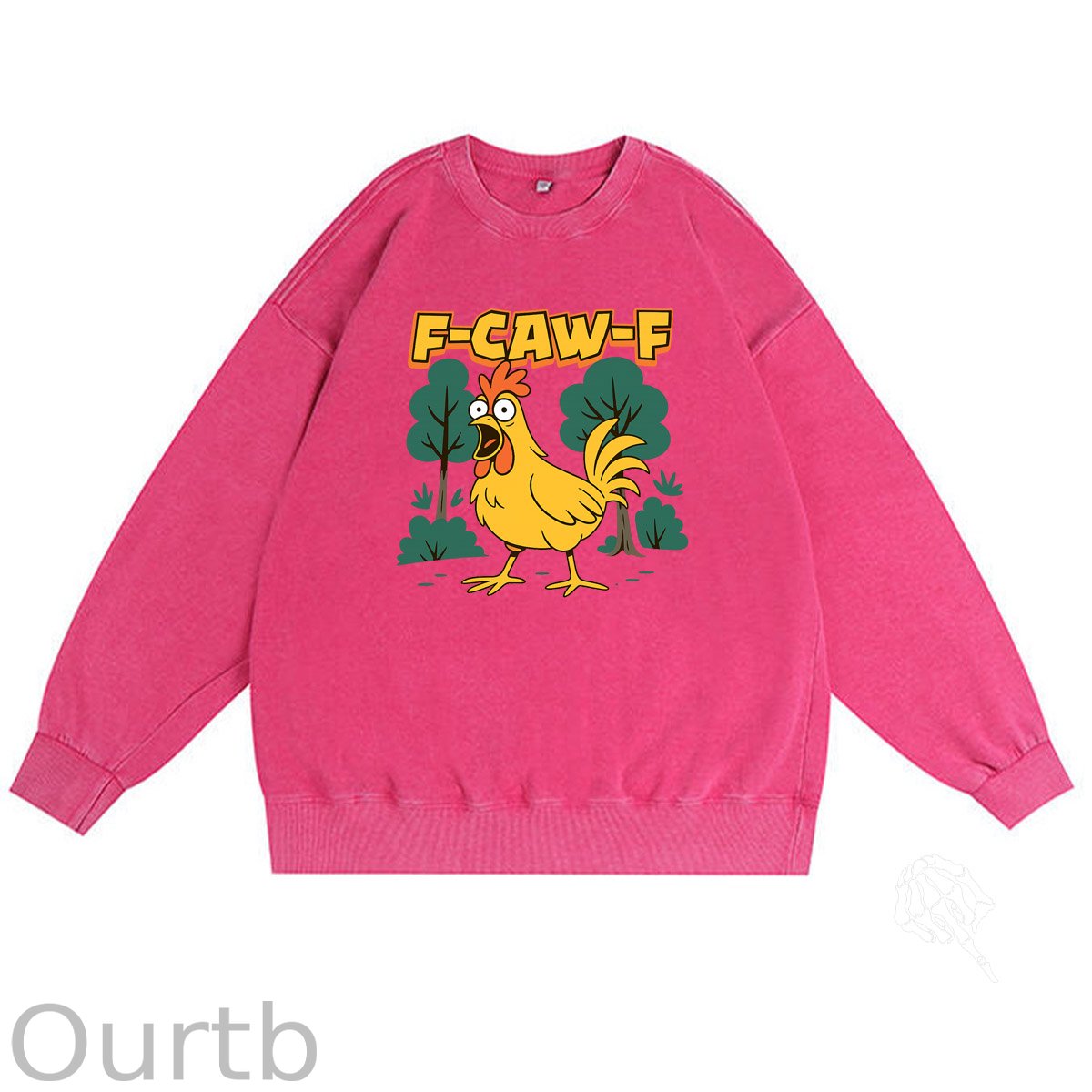 F-Caw-F Crazy Shocked Chicken Pattern  Vintage 100% 325g Cotton Washed Long Sleeve Sweatshirt