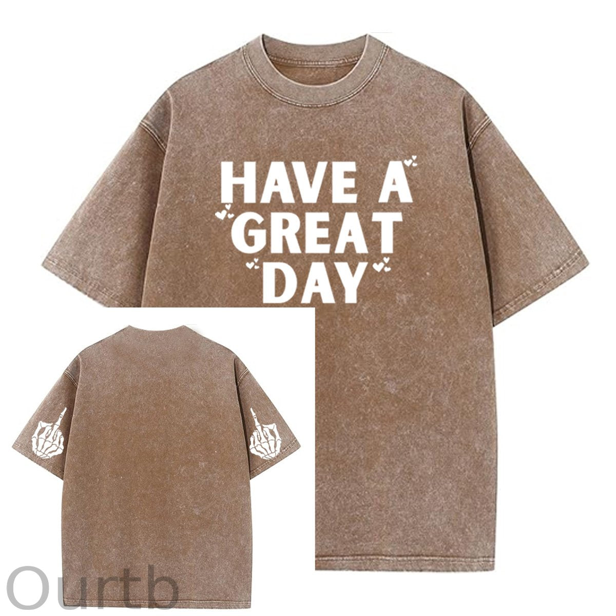 Have A Great Day Pattern  Washed Distressed Crew Neck 100% Cototon T-Shirt