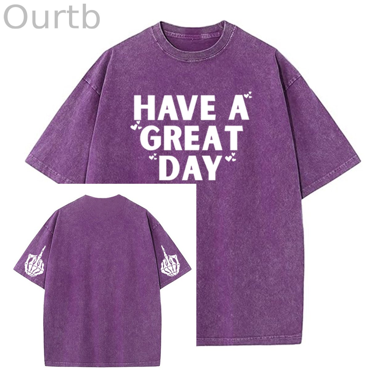 Have A Great Day Pattern  Washed Distressed Crew Neck 100% Cototon T-Shirt