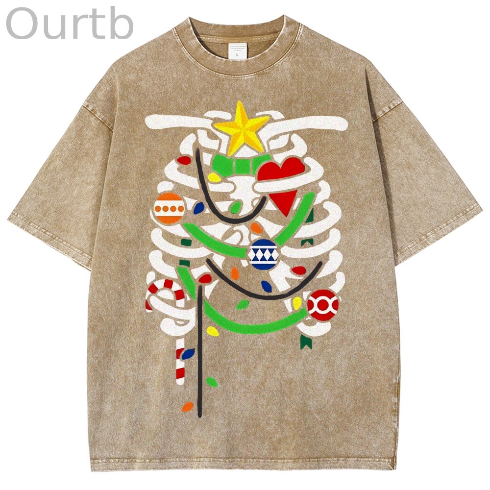 Unisex Christmas Skull Printed Washed Tee