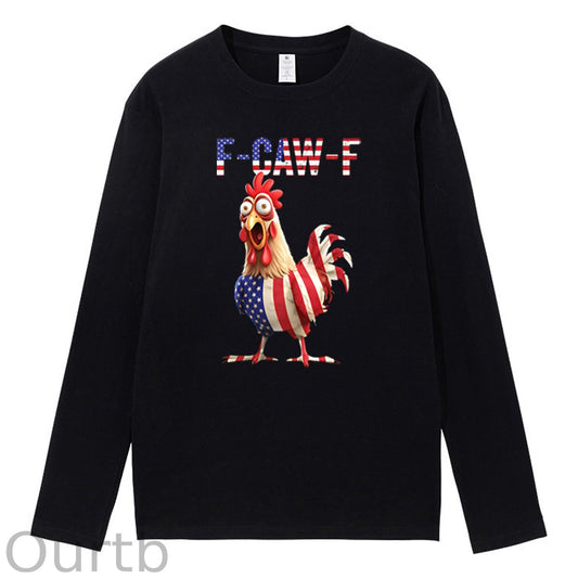 F-Caw-F Shocked American Chicken  Pattern Long Sleeve 100% Cotton T-Shirt