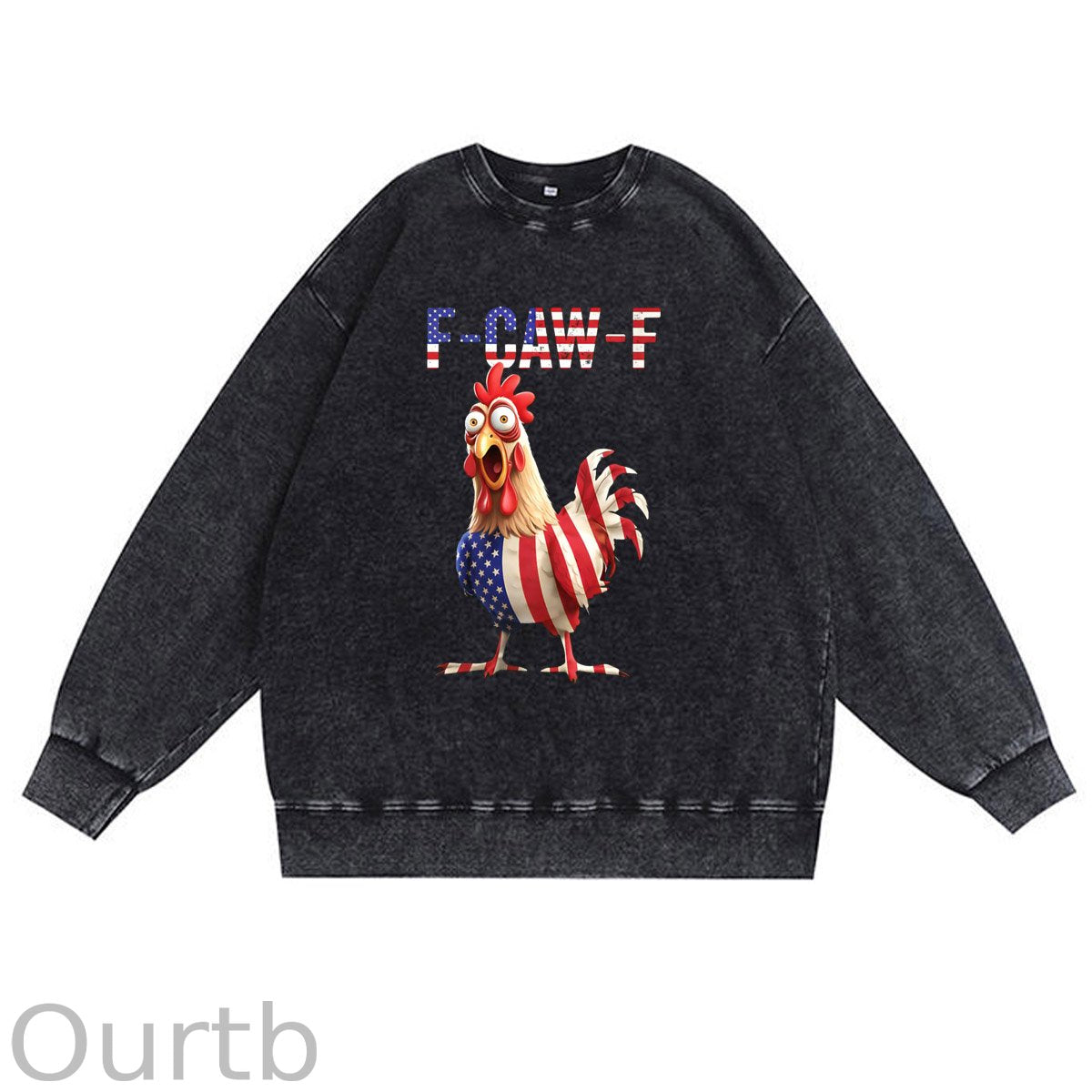 F-Caw-F  Shocked American Chicken Pattern  Vintage 100% 325g Cotton Washed Long Sleeve Sweatshirt