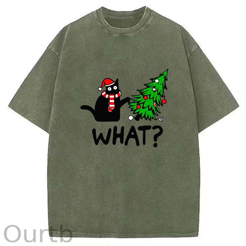 Black Cat What Christmas Washed T-Shirt