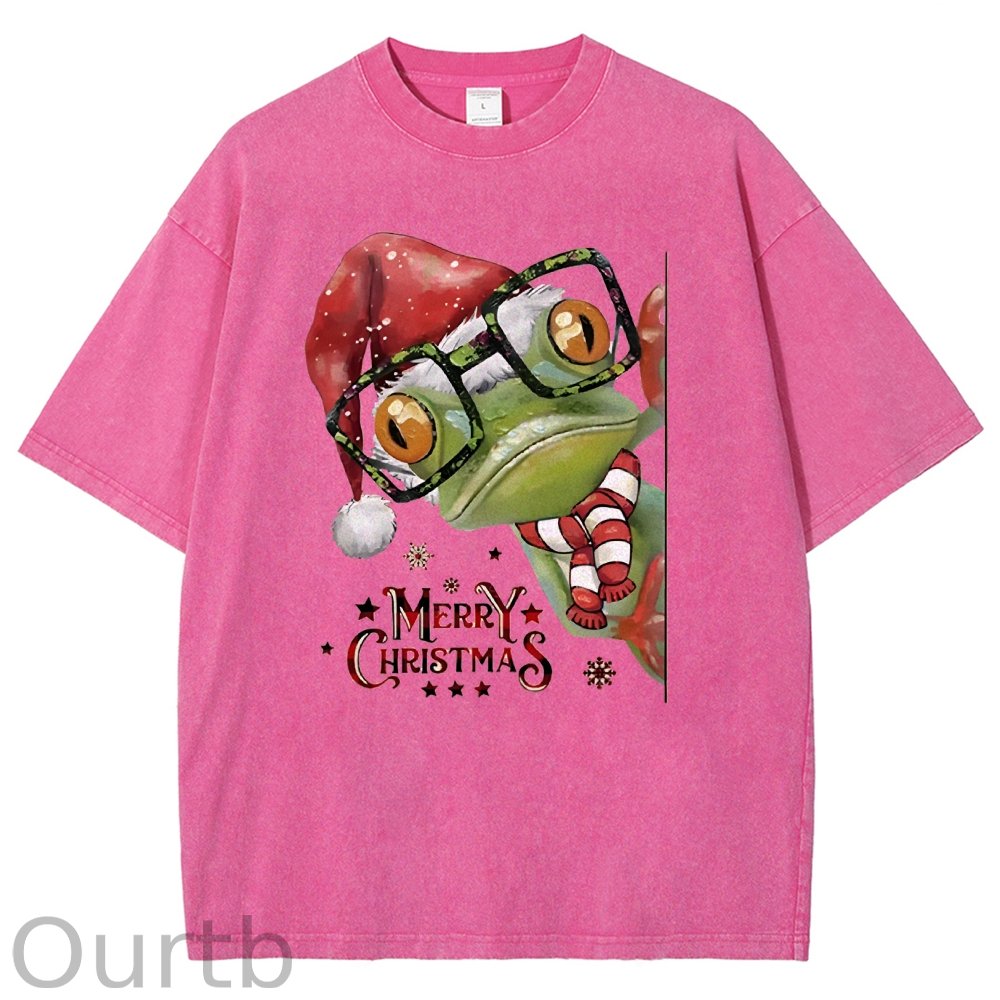 Unisex Christmas Frog Printed Washed Tee