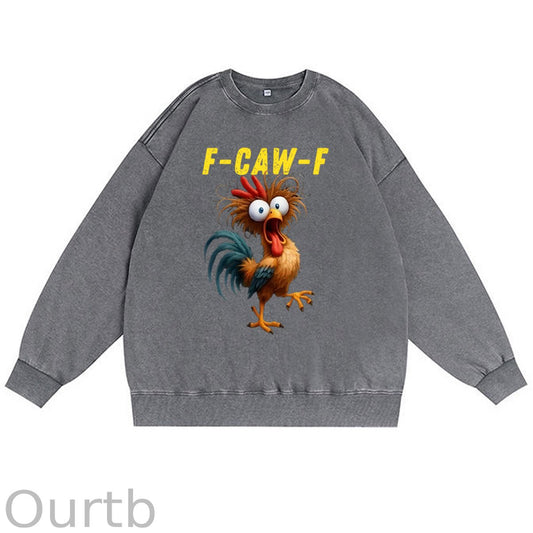 F-Caw-F Crazy Chicken Pattern  Vintage 100% 325g Cotton Washed Long Sleeve Sweatshirt