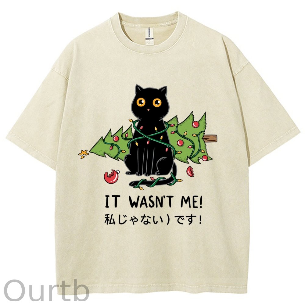 Unisex Christmas Cat Printed Washed Tee