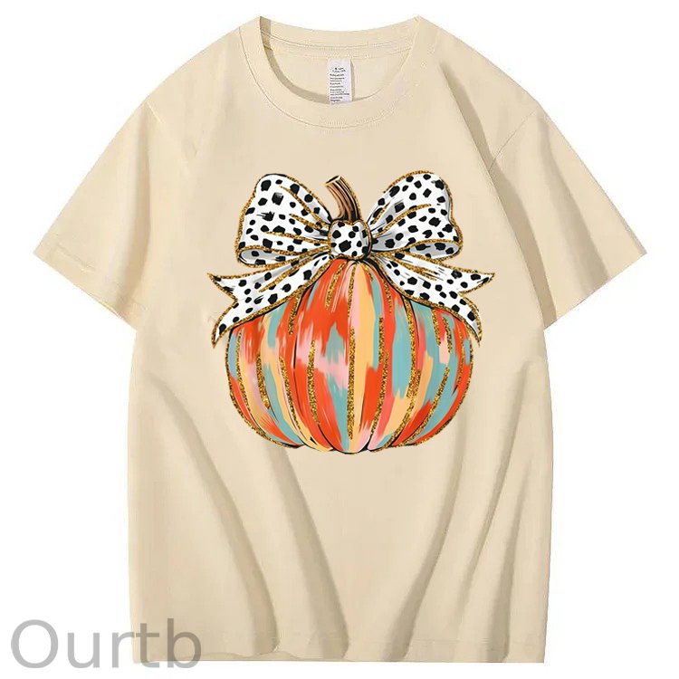 Coquette Bow Pumpkin Season Autumn Fall Leaves Thanksgiving 100% Cotton T-Shirt