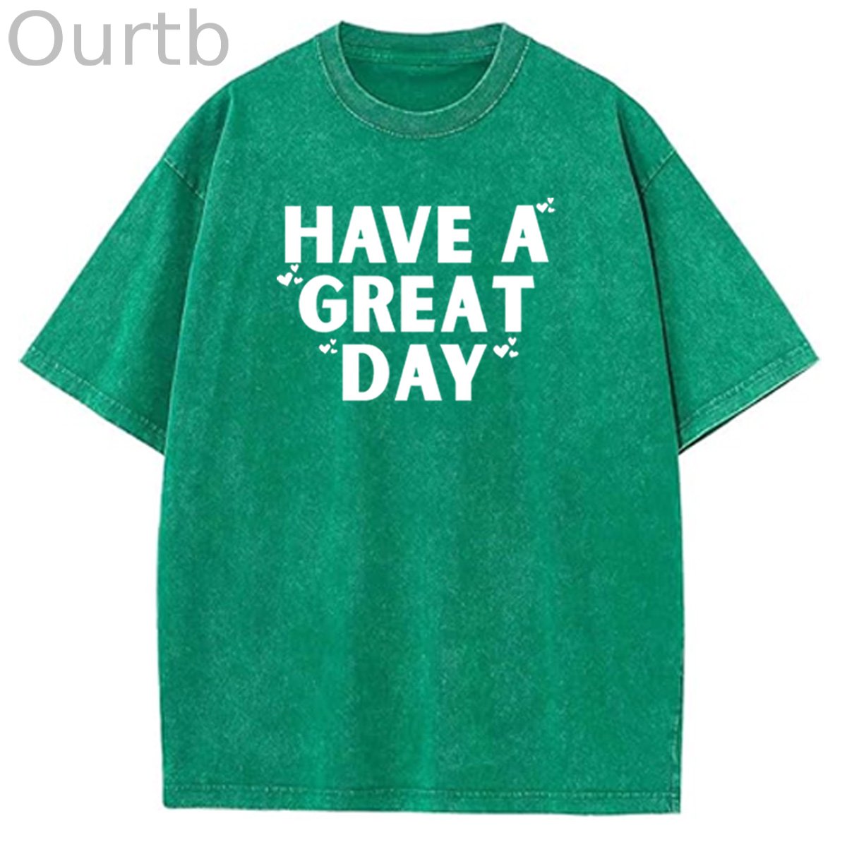 Have A Great Day Pattern  Washed Distressed Crew Neck 100% Cototon T-Shirt