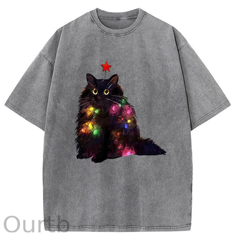 Christmas Lights Cat Washed T-Shirt