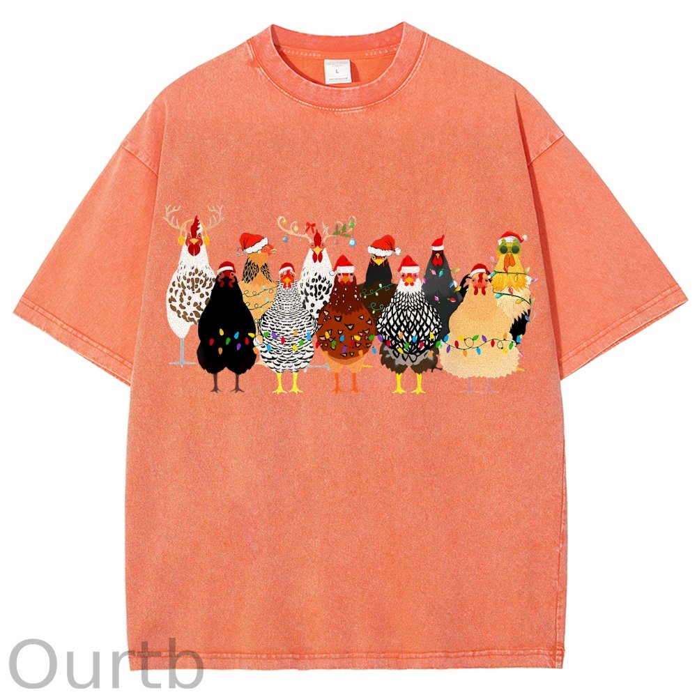Unisex Christmas Chicken Printed Washed Tee