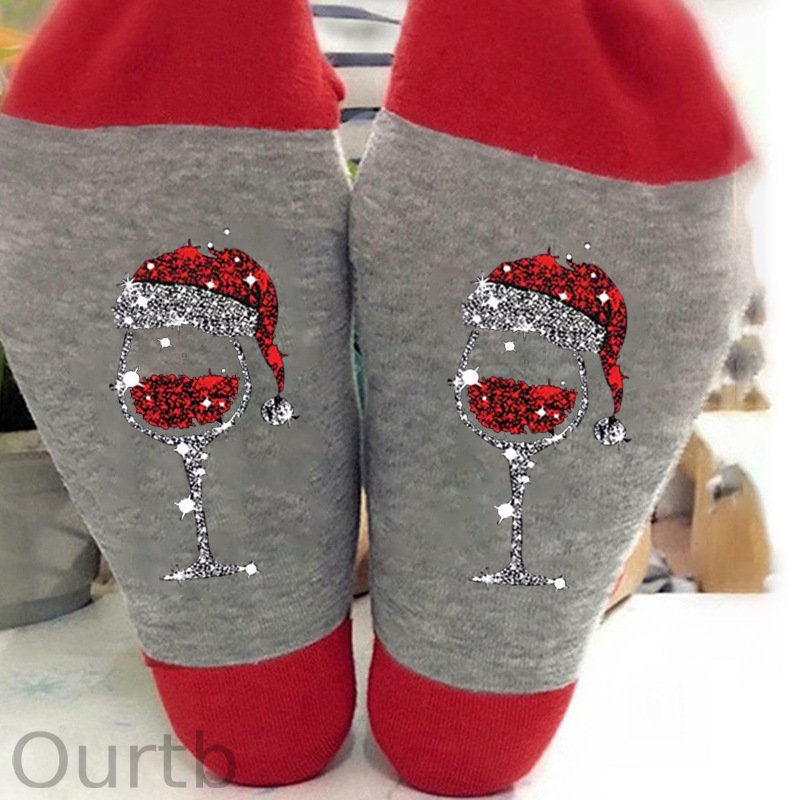 Autumn And Winter Cotton Socks, Men's And Women's Contrasting Colors, Red Wine Glasses, Christmas Socks, Cross-border Casual Long Socks, Sweat Absorbing Sports Socks