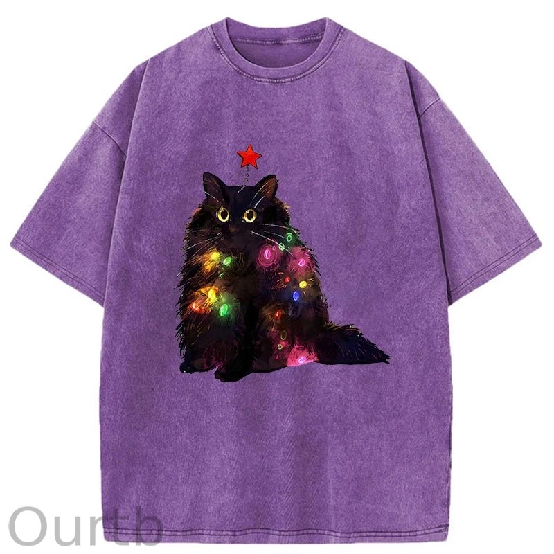 Christmas Lights Cat Washed T-Shirt