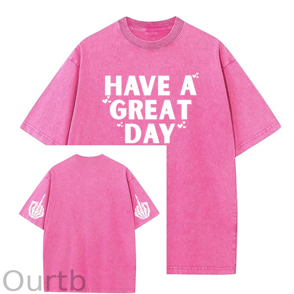 Have A Great Day Pattern  Washed Distressed Crew Neck 100% Cototon T-Shirt