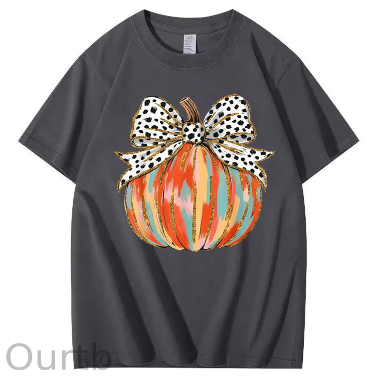 Coquette Bow Pumpkin Season Autumn Fall Leaves Thanksgiving 100% Cotton T-Shirt
