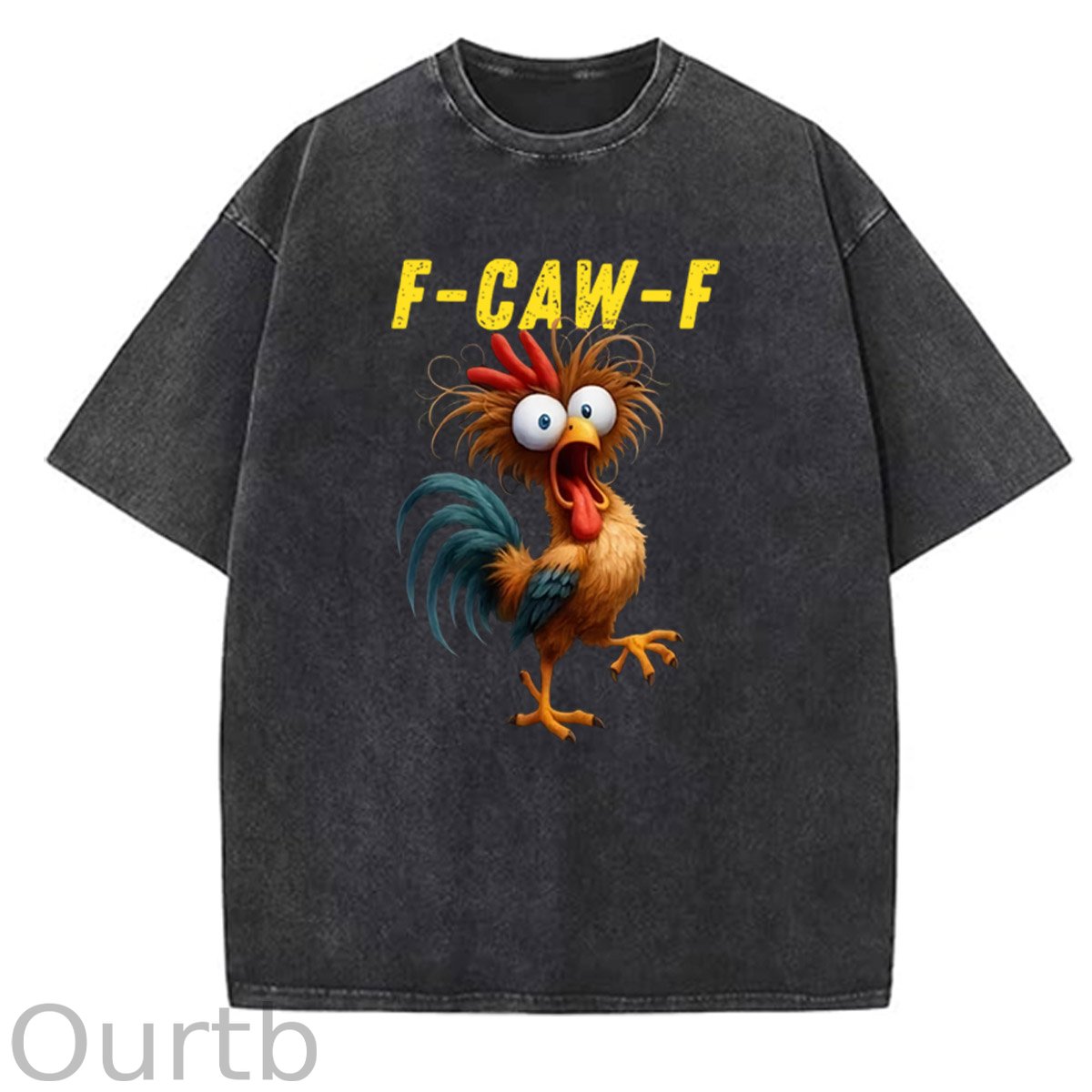 F-Caw-F Crazy Chicken Pattern  Washed Distressed Crew Neck 100% Cototon T-Shirt