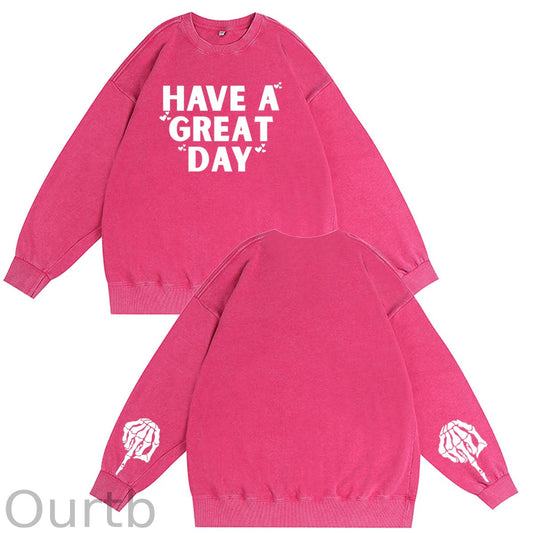 Have A Great Day Skull  Pattern Vintage 100% 325g Cotton Washed Long Sleeve Sweatshirt