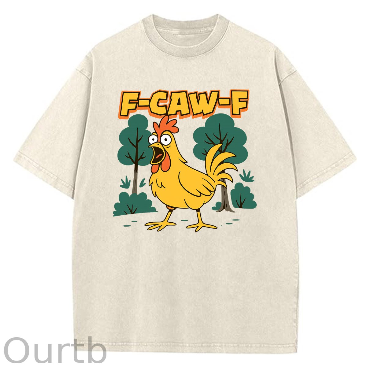 F-Caw-F Crazy Shocked Chicken Pattern  Washed Distressed Crew Neck 100% Cototon T-Shirt