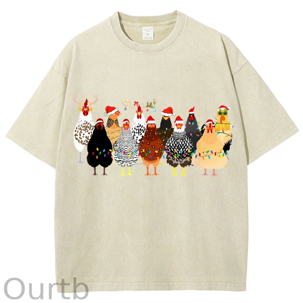 Unisex Christmas Chicken Printed Washed Tee