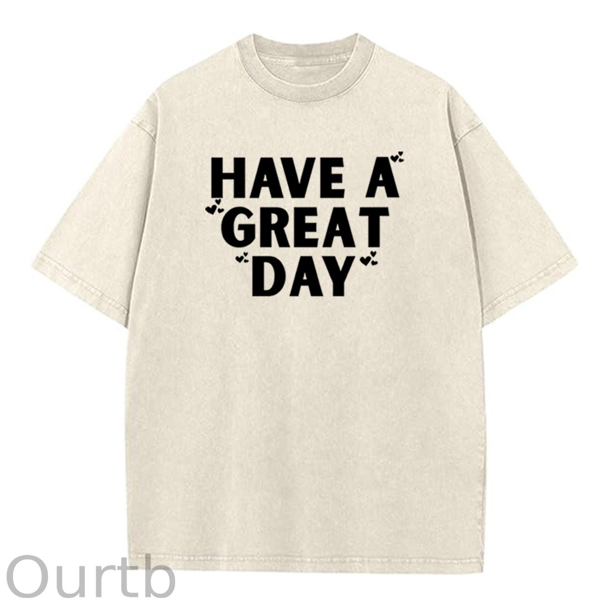 Have A Great Day Pattern  Washed Distressed Crew Neck 100% Cototon T-Shirt