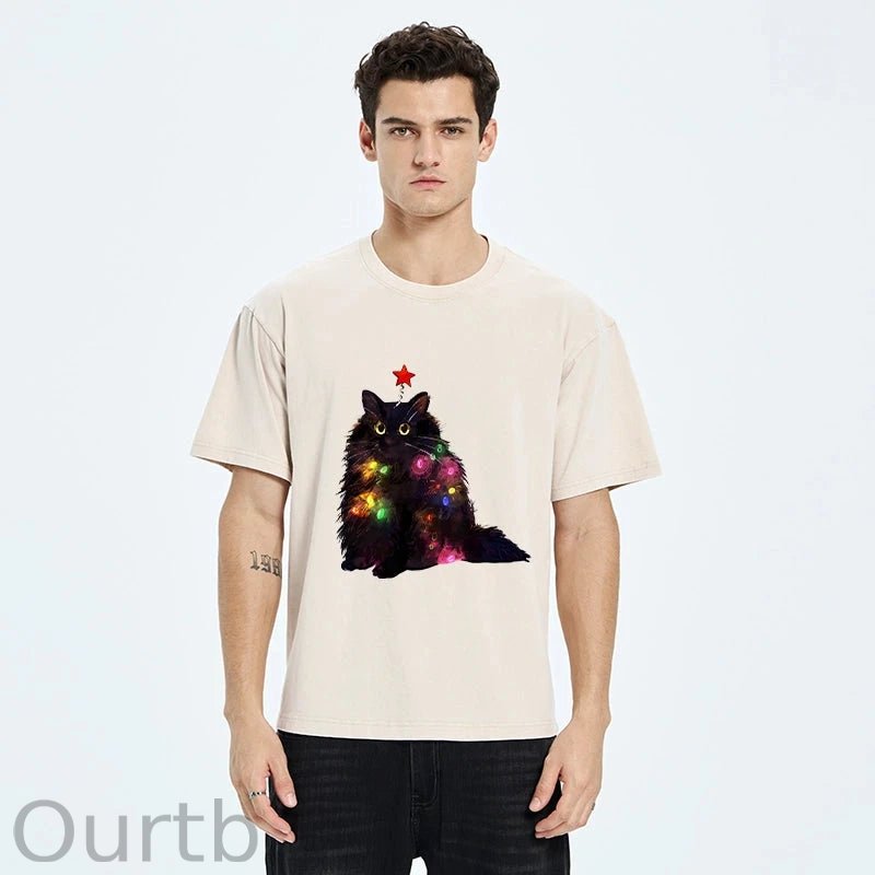 Christmas Lights Cat Washed T-Shirt