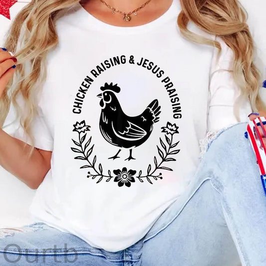 Chicken Raising&Jesus Parising Pattern Round-Neck T-Shirt