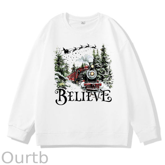 Christmas Believe  Pattern 100% 300g CottonCrew Neck Sweatshirt