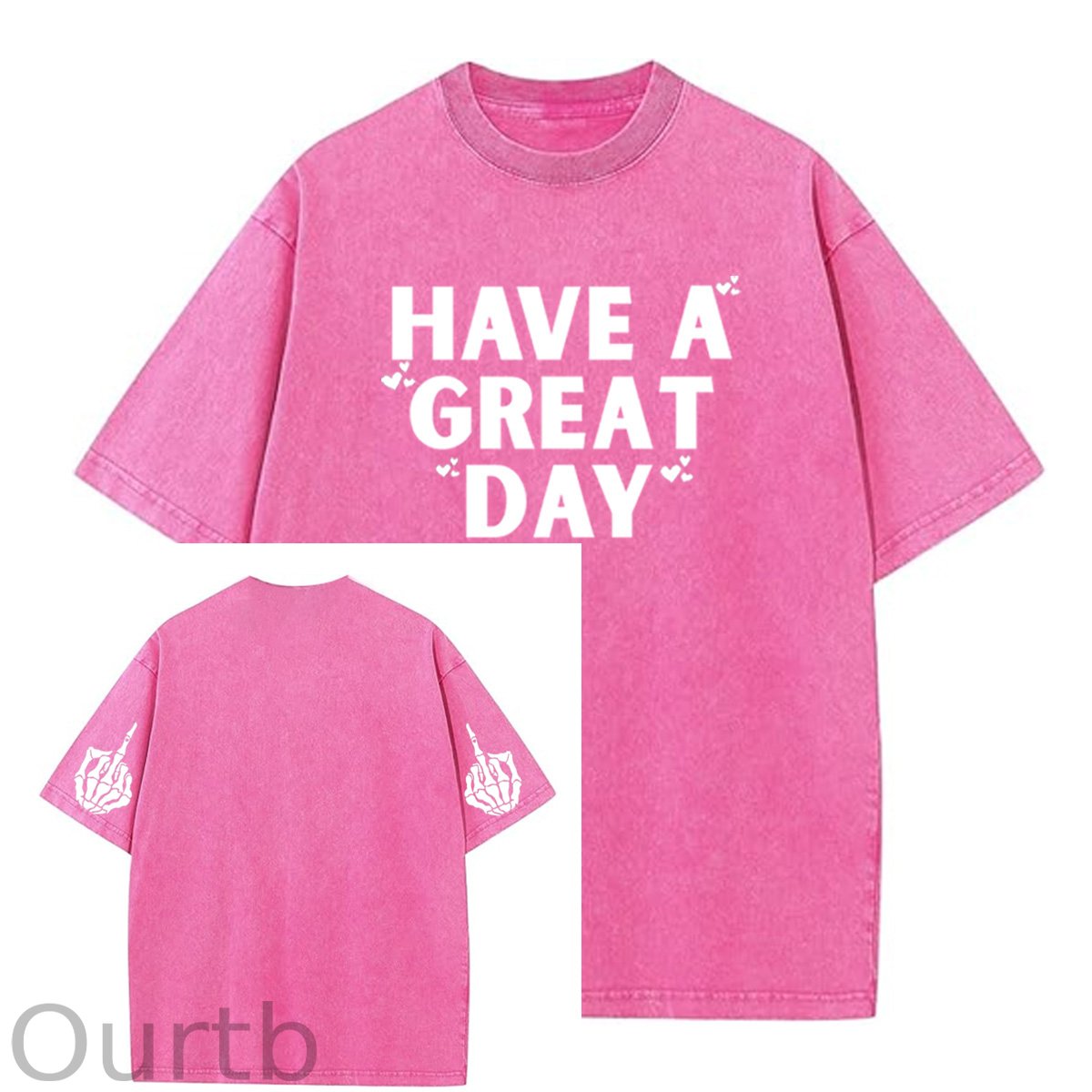 Have A Great Day Pattern  Washed Distressed Crew Neck 100% Cototon T-Shirt
