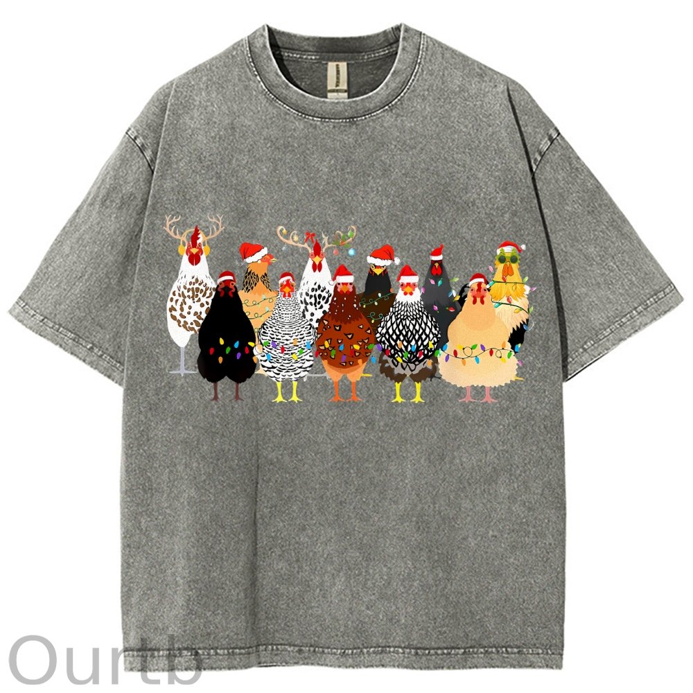 Unisex Christmas Chicken Printed Washed Tee